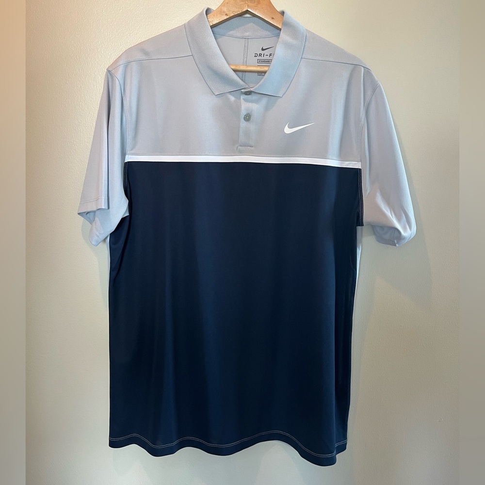 Nike Mens Dri-FIT Golf Polo Shirt Navy Light Blue Colorblock Standard Fit